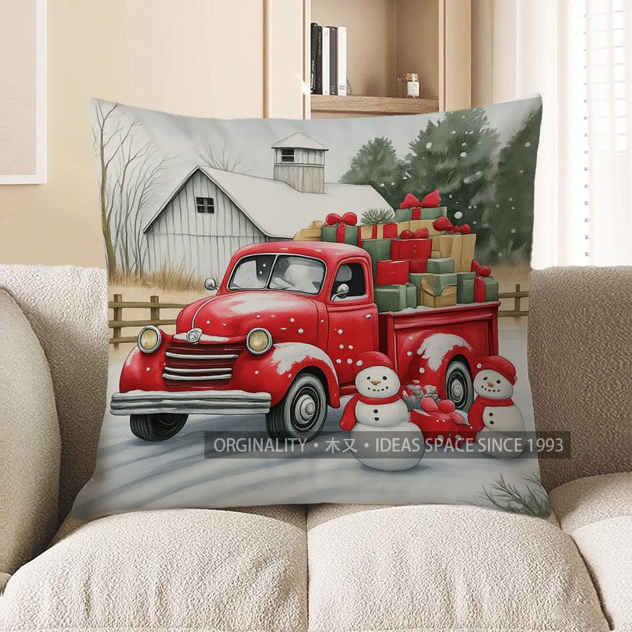 Home Decor Christmas Red Truck with Dog Throw Pillow Pattern Cushion Cover Suitable for Sofa Bedroom Car Pillow Cover
