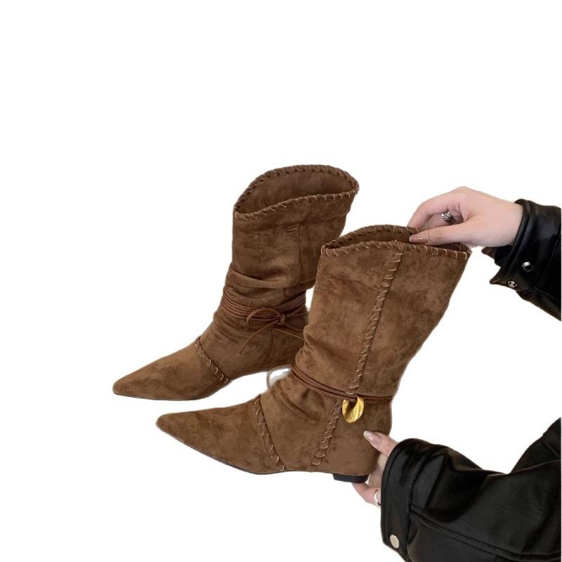 Sheepskin version~ retro niche suede string flanged thin heel cat and western cowboy boots women's short boots thin boots