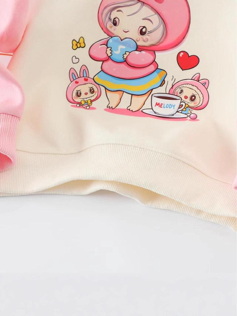 Labubu Girls' Cartoon Raglan Sleeve Sweatshirt - Spring/Autumn, Korean Style, UV Protection