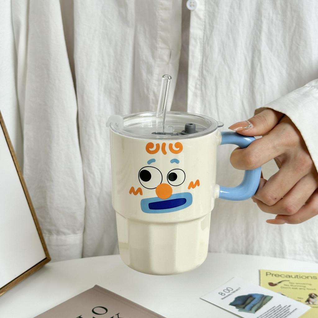 Clown Straw Cup with Lid Mug High looking Creative Ceramic Water Cup Couple Coffee Cup Activity Souvenir Gift
