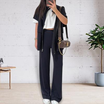 Women's Two Piece Outfit Casual Full Zip-up Short Sleeve Shirt And Wide Leg Pants Set Casual Lounge Tracksuit