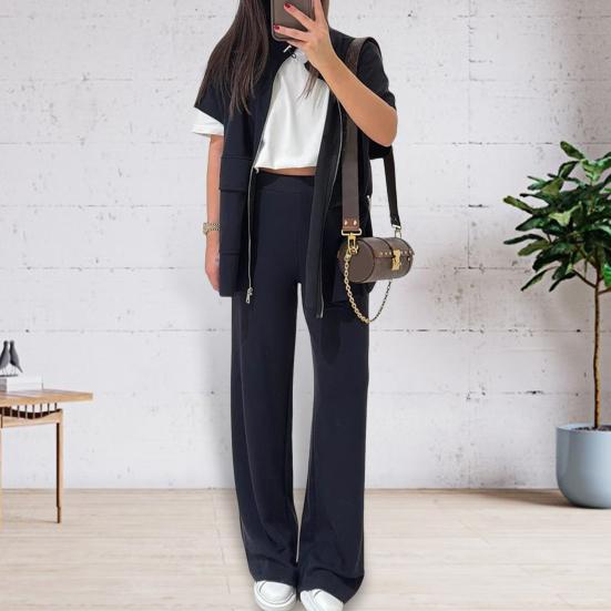 Women's Two Piece Outfit Casual Full And Wide Leg Pants Short Sleeve Shirt Set Casual