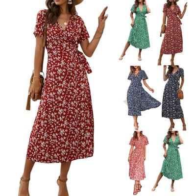 Women's Summer Maxi Dress Ruffle Print V-Neck Short Sleeve Dress
