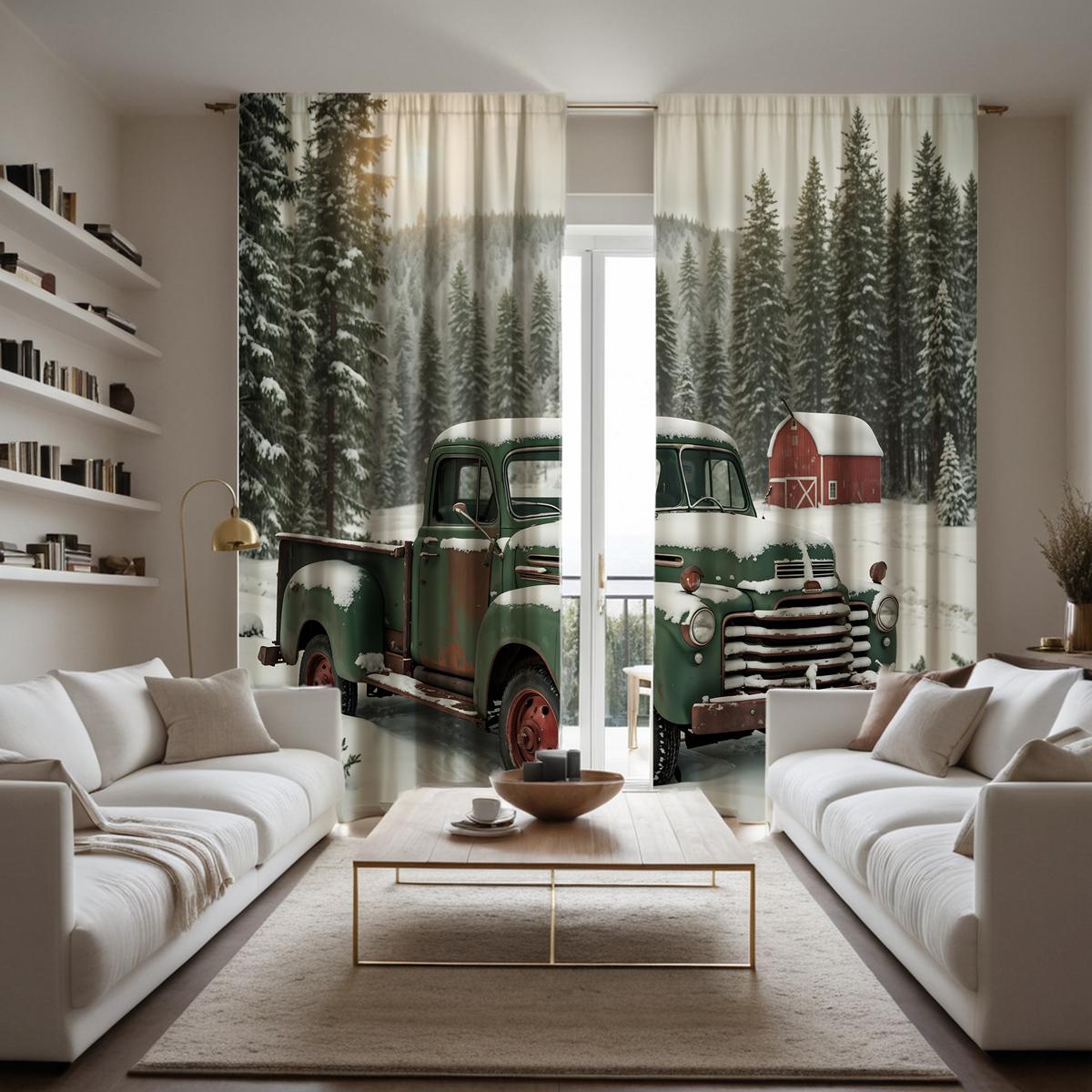 

2 шт. HD Сосновый лес грузовик снег вид декоративная занавеска зеленая галстук цифровая печать занавеска украшение дома стиль украшения liv W52H63inchW132H160cm