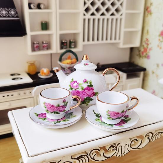 1 Set Dollhouse Tea Set Realistic Decoration 1/6 Scale Mini Ceramic Tea Set Accessories for Kitchen Scene