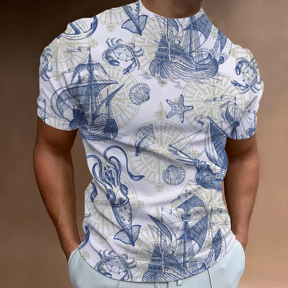 Ny T-skjorte 3D-trykket Nautisk Mønster Sommer Herre Klassisk Vintage T-skjorte Topp Herre Casual Oversized Rund Hals T-skjorte
