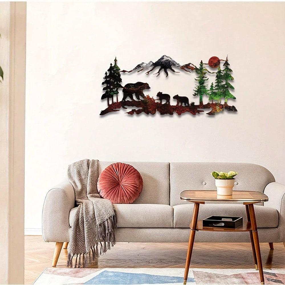 1pc Laser Cut Metal Bear Forest Wall Art, UV Print, Home Decor, Indoor Outdoor Iron Sculpture