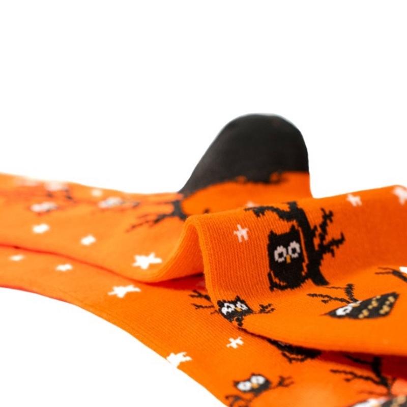 Halloween Themed Cotton Socks Elastic Cuffs Breathable Fabric Practical Wear Festive Ghosty Pumpkin Patterns