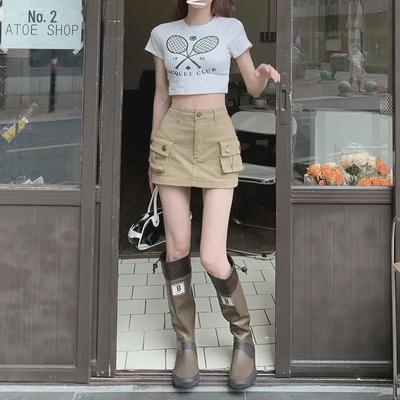 Women's High-Waisted Khaki A-Line Denim Skirt - Summer Retro Style, Anti-Exposure Design