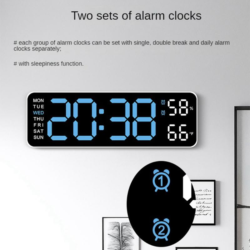 Wall-Mount/Desk Digital Clock, Time/Week/Temp/Humidity, Multi-Color LED, Brightness Adjustable LED Table Alarm Clock 12/24H