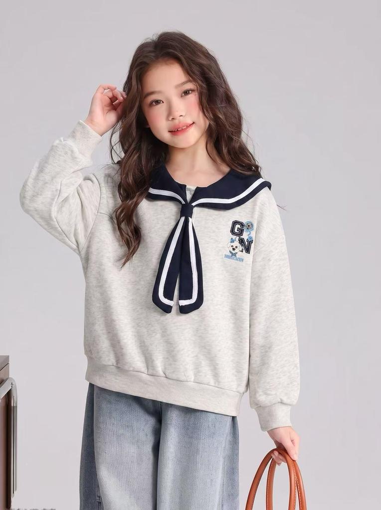 2026 Autumn New Arrivals: Navy Academy Style Bow Collar Top for Girls, Junior and Senior High School Versatile Loose Hoodie
