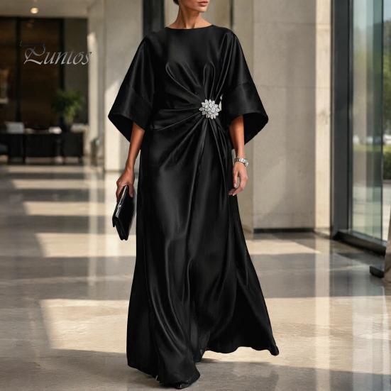 Alltags lässiges Kleid Damen Satin Fledermausärmel Maxikleid, Strassakzent Rundhals Polyester Abendparty A-Linie Formell Hochzeitsgast
