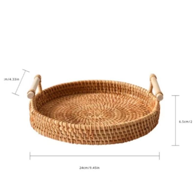 Handmade Rattan Round Tray with Double Handles -Perfect for Serving Tea, Fruits, Bread & Snacks,Ideal for Kitchen & Dining Decor
