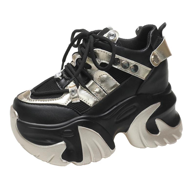 Fashion 10CM New 2024 Spring Women Chunky Sneakers Heels Lace-up High Platform Sports Shoes Woman Breathable Mesh Shoes Leather Sneakers