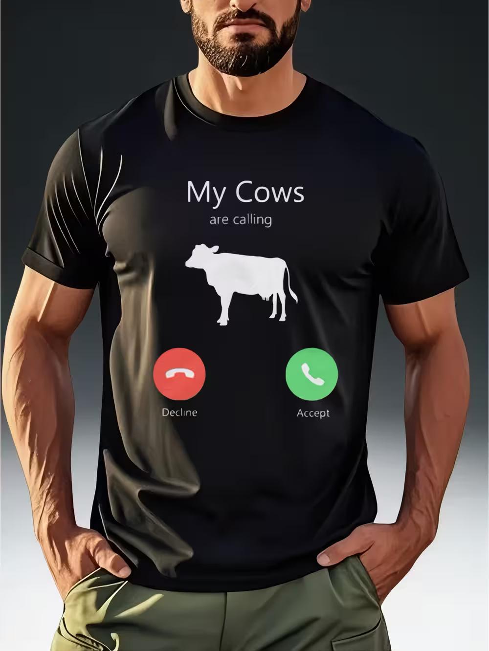 Men S Short-Sleeve T-Shirt with a Fun Cow Print Saying  My Cows Are Calling  S