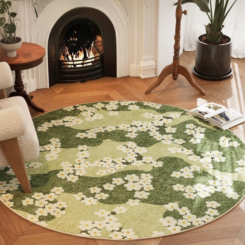 Pastoral Style Living Room Decoration Green Carpet Round Rugs for Bedroom Washable Lounge Floor Mat Anti-slip Bedside Soft Rug