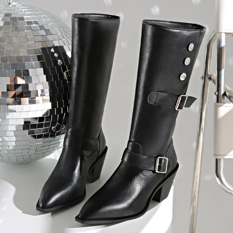 Pointed Toe Women High Boots Knee High Chunky Fashion Heeled Shoes New Trend  Winter Pumps Goth Woman Chelsea Botas Mujer