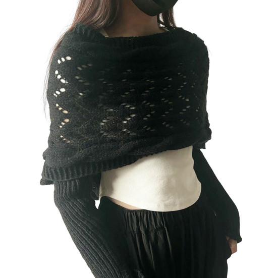

Women Knitting Shawl Solid Color Soft Fluffy Material Long Sleeve Shawl Hollow Design чёрный