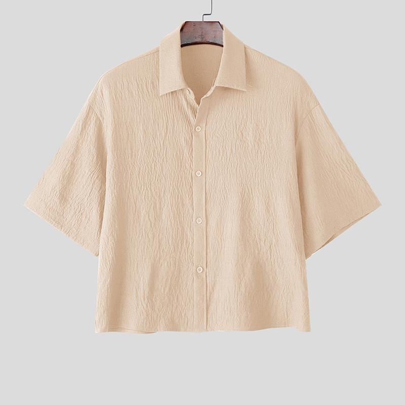 INCERUN Oversized Men Lapel Neck Short Sleeve Cropped Casual Loose Shirts