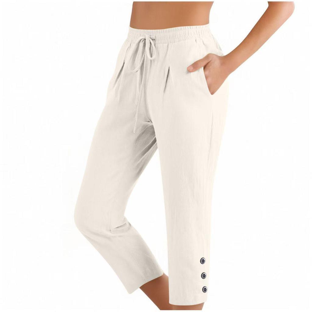 2025 Cotton Linen Loose Fit Button Cropped Pants