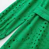 Women Vintage Three Quarter Sleeves Front Buttons Belt Green Embroidery Mini Dress