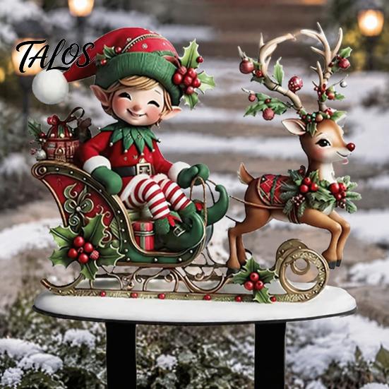 Festive Lawn Stakes Christmas Elf Garden Stake, Reindeer Sleigh Acrylic Yard Art Outdoor Decorations Waterproof Xmas Ornament for Holiday Flower