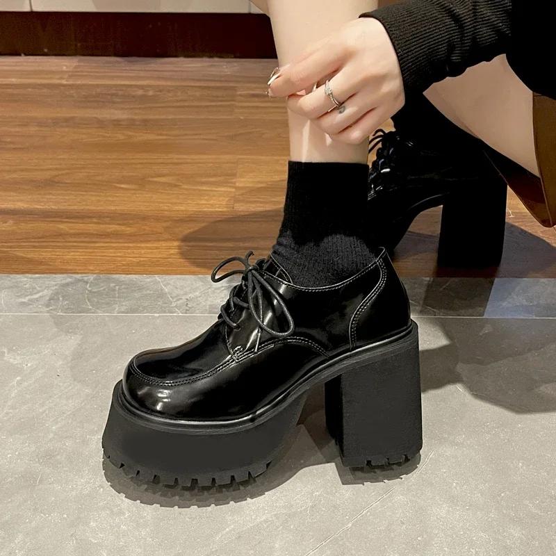 Móda 10CM Dámské platformové mokasíny Černé Super Vysoké Hrubé Podpatky Párty Klub Dámské Britské Nazouvací Čtvercová Špička Silná Podrážka Lodičky