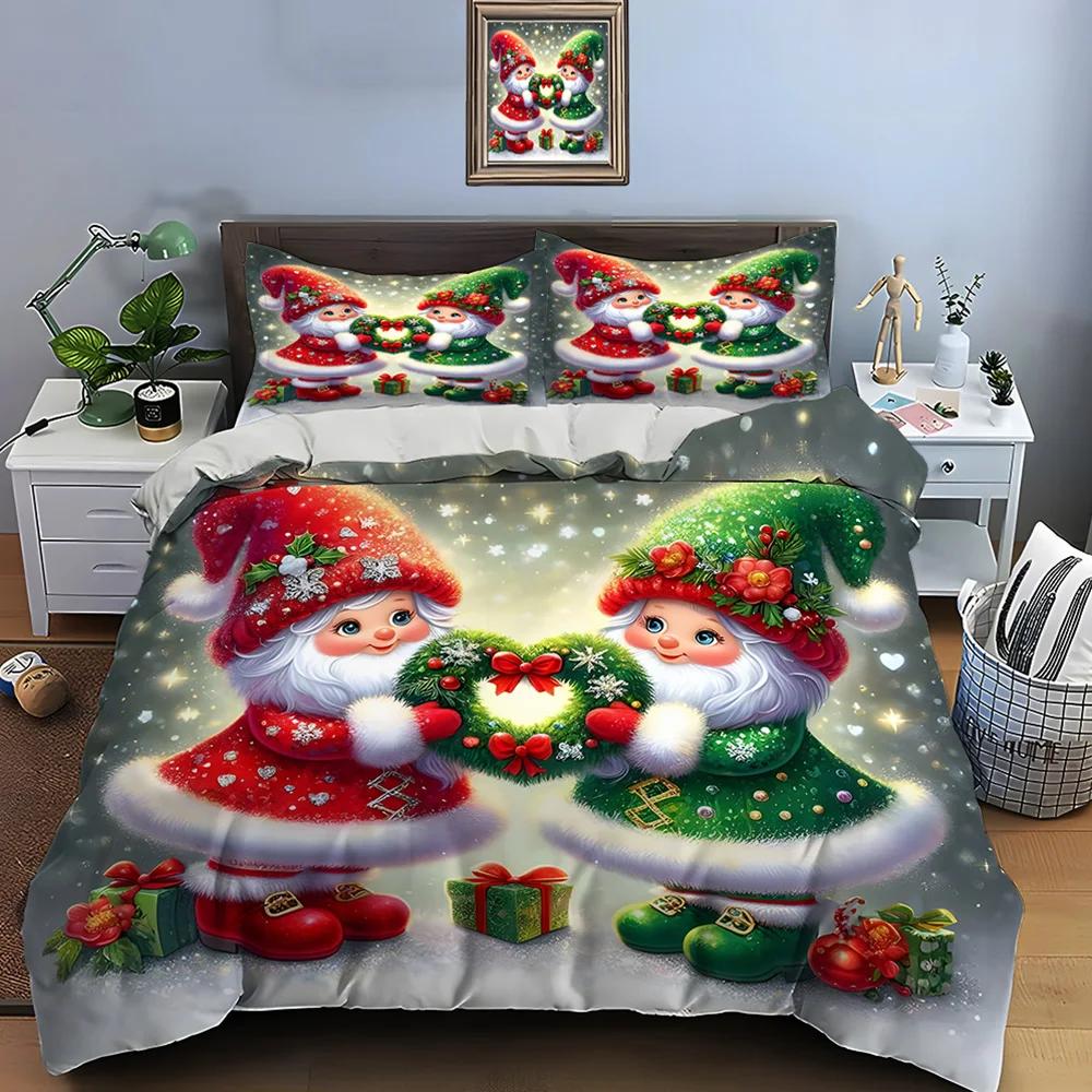 Christmas Gnome Print Bedding Set Duvet Cover 1 Duvet Cover 2 Pillowcases Adult and Children Bedding Set Luxury Holiday Gifts
