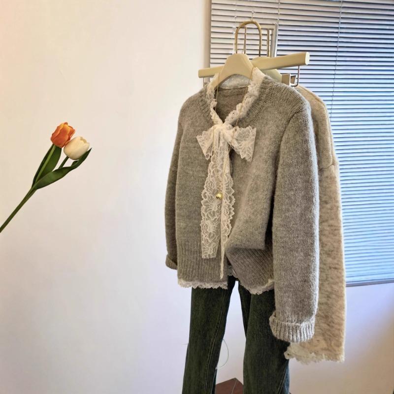 Кружевной Кардиган-Пальто Осень-Зима Верхний Трикотажный Кардиган Onesize серый