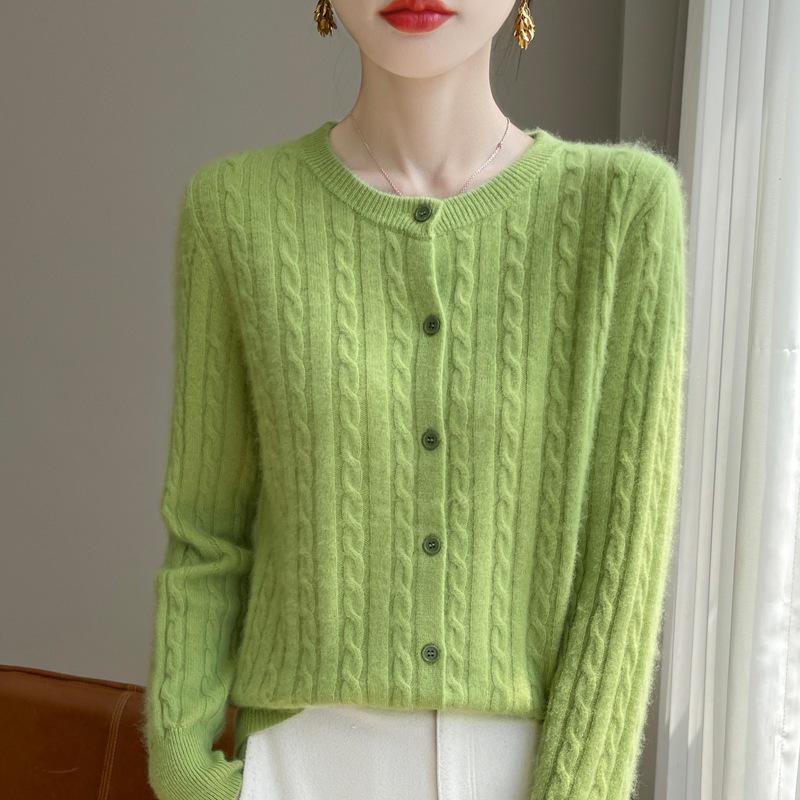 White Cable Knit Cardigan Coat - Women's Korean Slim Fit, Autumn Long Sleeve Sweater