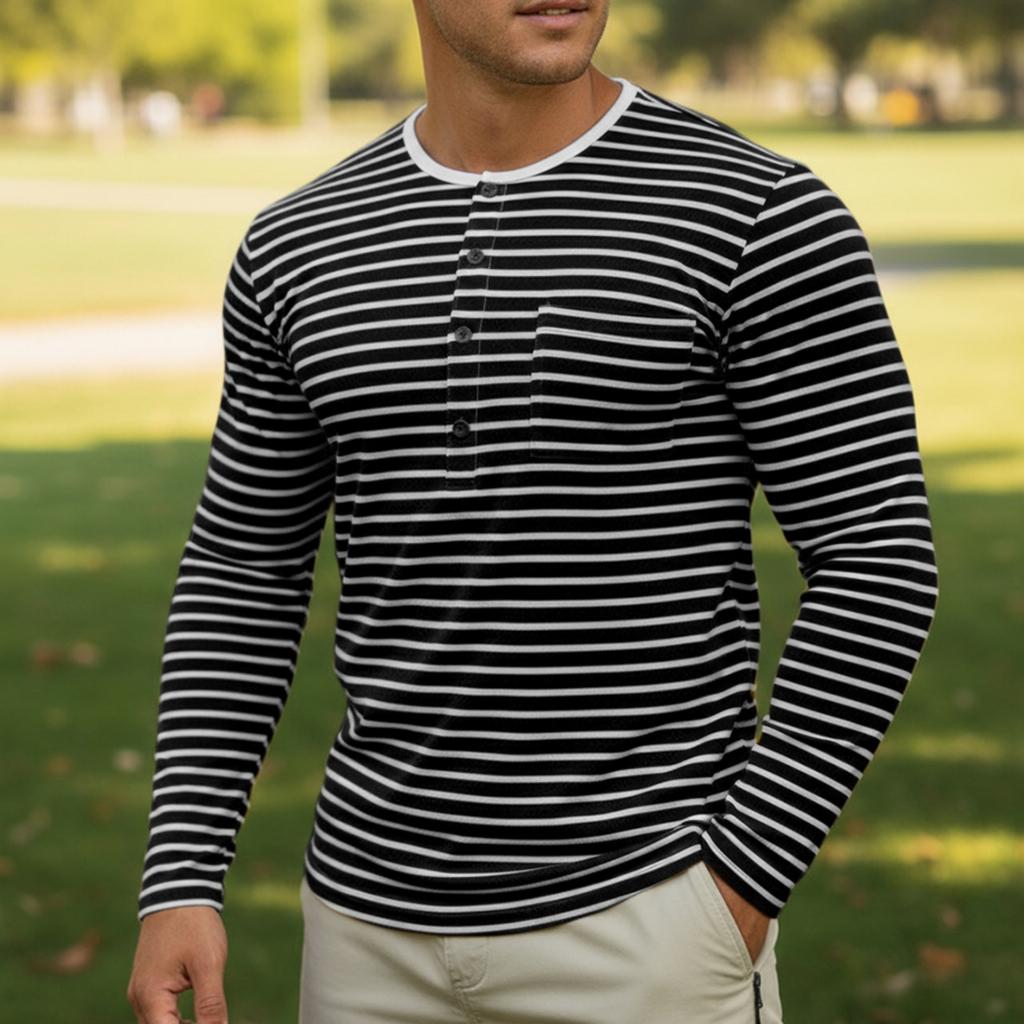 Men's Casual And Trendy Long,sleeved Shirt With A Base Layer And Horizontal Striped Round,neck Top