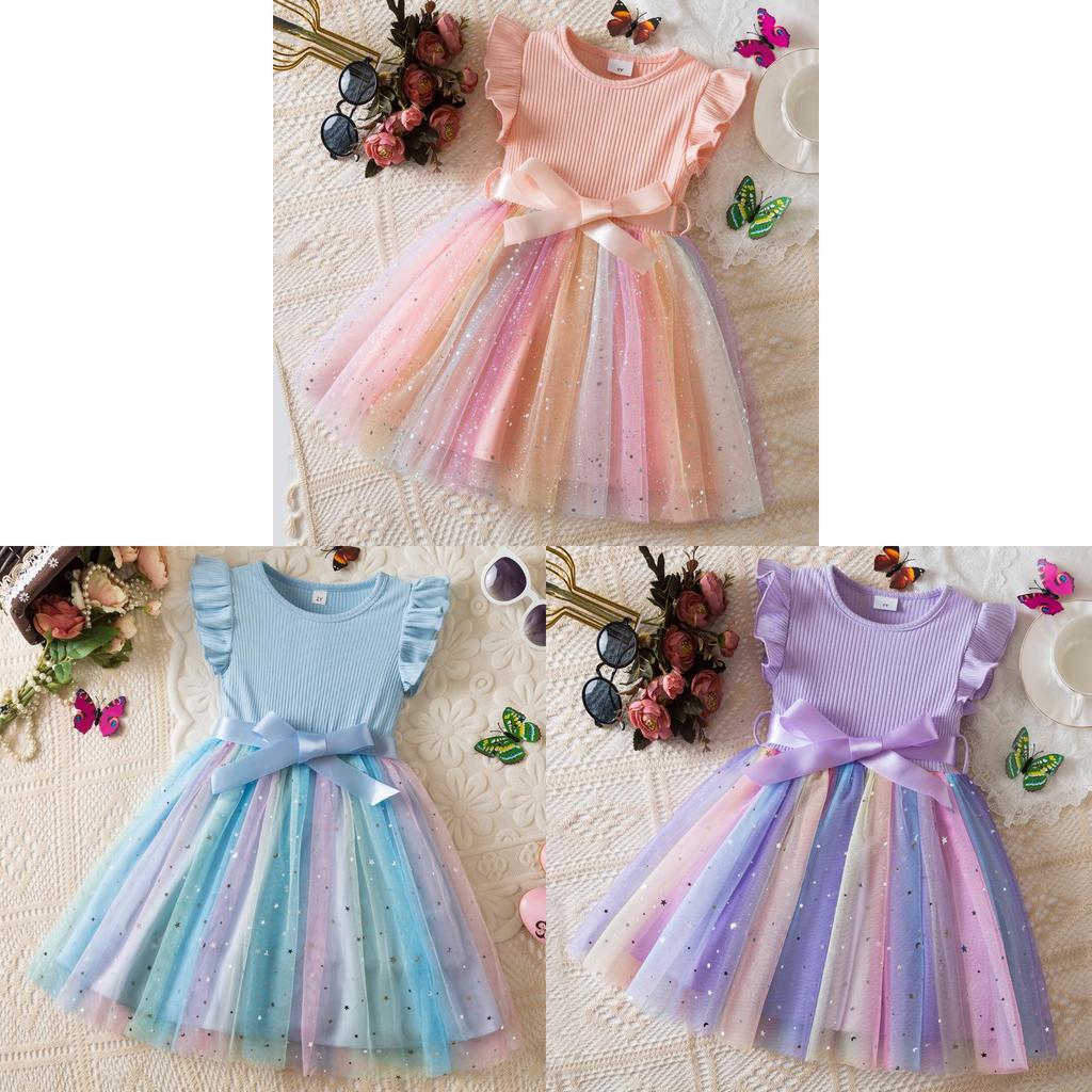 Girl Summer Princess Dress With Glitter Tulle Fabric For Toddler Birthday Party