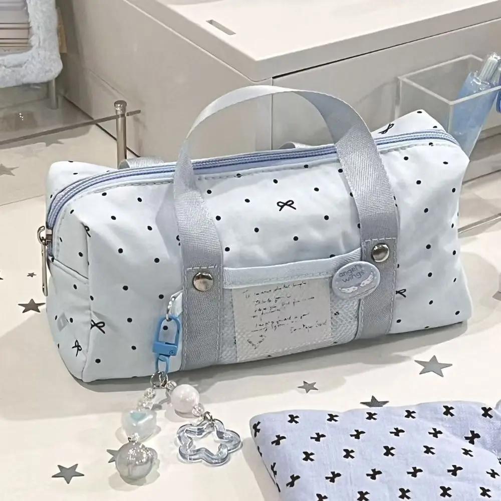 Portable Blue Polka Dot Pencil Case Multi-functional Bow Pattern Stationery Bag Large-capacity Stationery Pouch Students Gift