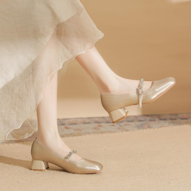 57706 [sheepskin] high heels women's thick heel 2025 new square head rhinestone one-word buckle Mary Jane single shoes