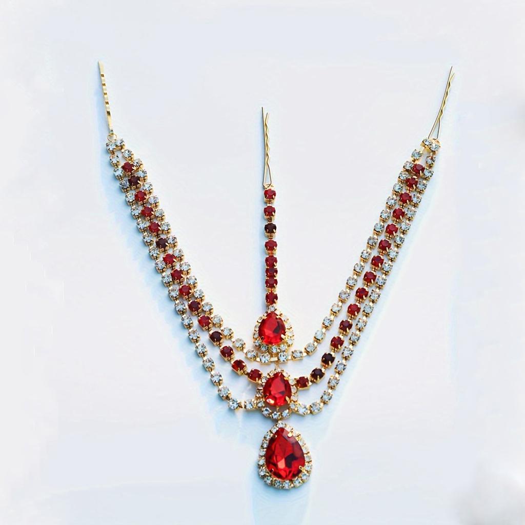 European and American Fashion Red Water Drop Pendant Forehead Lace Lady Temperament Shining Drill Head Chain Hair Accessories