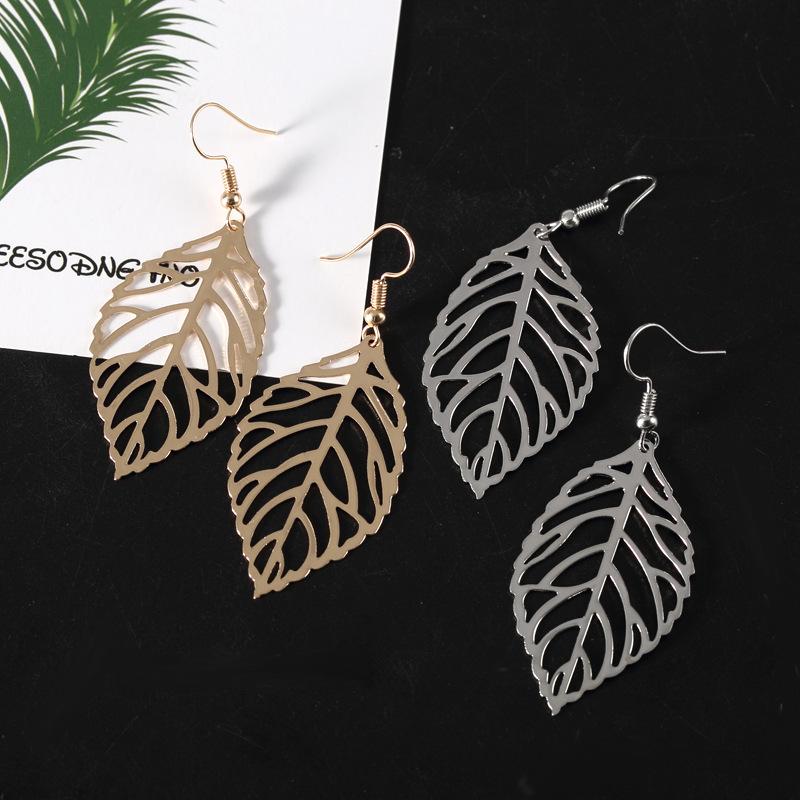 Hollow Out Leaf Drop Earrings for Women Trendy Metal Hook Earrings Vintage Golden Silver Dangle Earrings Jewelry