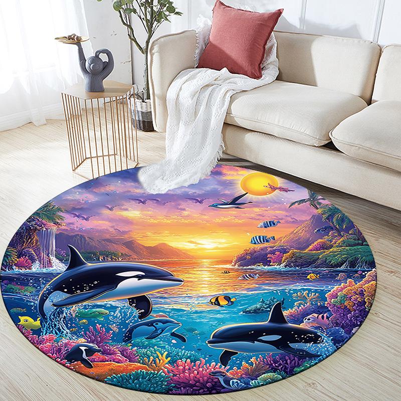 Orca Whales Round Area Rug,Carpet Rug for Living Room Bedroom Sofa Playroom Decor,Non-slip Floor Mat