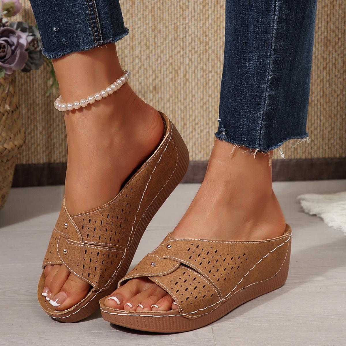 

Cross Round Toe Women s Casual Plus Size Women s Wedge with Cutout New Wedge Rivet Embellished Women s Sandals 43 коричневий