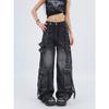 Jeans Cargo Déstructurés Multi-Poches Effilochés pour Femmes - Lavés, Coupe Droite Large Lâche
