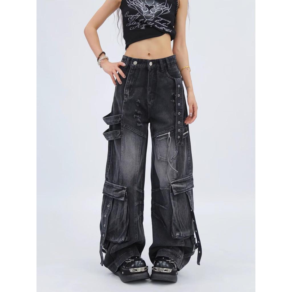 Damen Deconstructed Cargo-Jeans mit mehreren Taschen und Rissen - Gewaschen, Lockerer Gerader Weiter Bein
