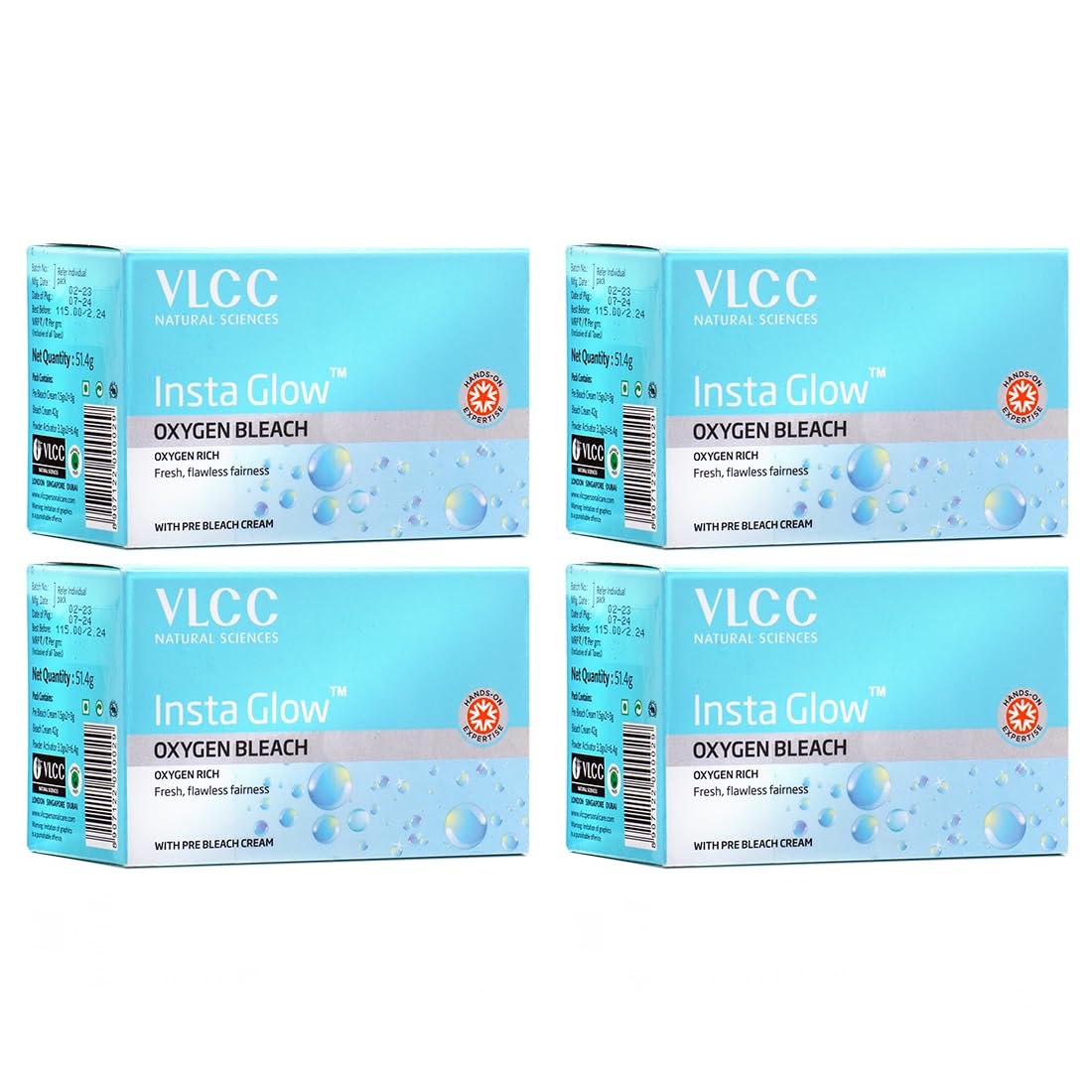 

VLCC Insta Glow Oxygen Bleach 51g X 4 Pack | Brightens Skin, Reduces Facial Hair Visibility, Smooth Fair Complexion