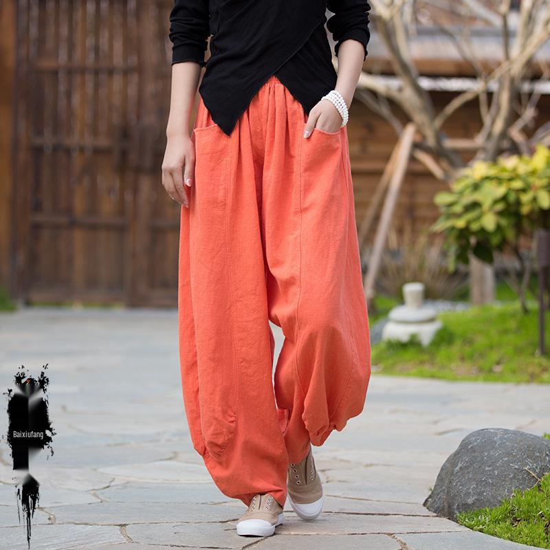 Dambyxor i Zen-stil av ramie, sandtvättade, med vida ben - Vår/Sommar, Casual, Hem- och Resplagg