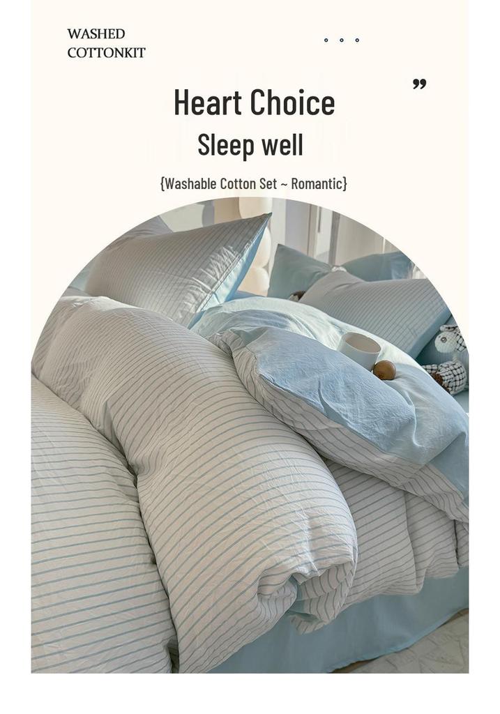 Muji-Style Striped Washed Cotton Bedding Set: Mix & Match Solid Color, Includes Duvet Cover, Bed Sheet, and Fitted Sheet. Ideal for Dorms.