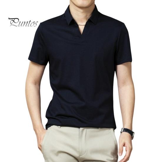 

Летняя мужская футболка с отложным воротником и короткими рукавами, однотонный свободный пуловер из ледяного шелка, повседневный формальный деловой стиль, повседневная рубашка средней длины XL темно-синий