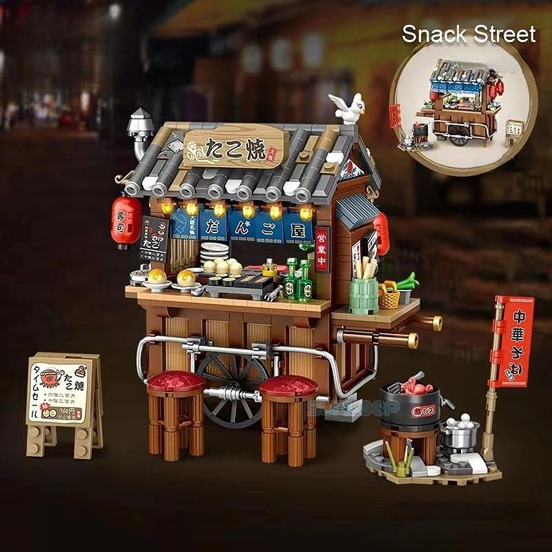 City Mini Bricks Assembly Japanese Takoyaki Snack Shop Steamed Bun Shop Street Scene China Shop Building Block Toy