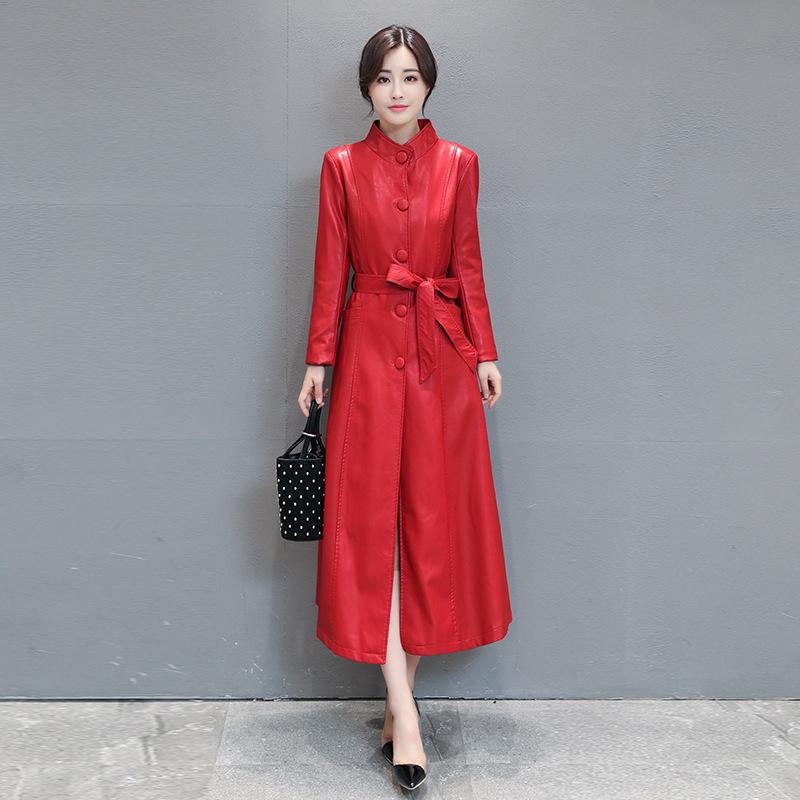 

Новое осеннее кожаное пальто, женская удлиненная кожаная ветровка с воротником-стойкой, облегающее женское корейское кожаное пальто XXL