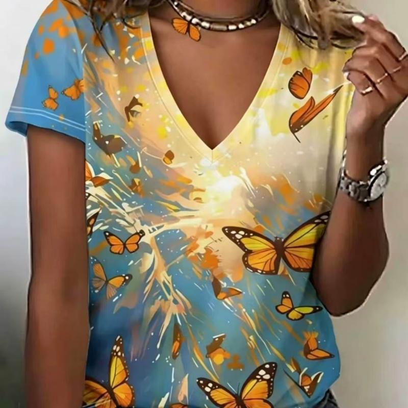 Summer Ladies 3D Printed V-Neck T-Shirt Fashion Versatile Breathable Trend Casual