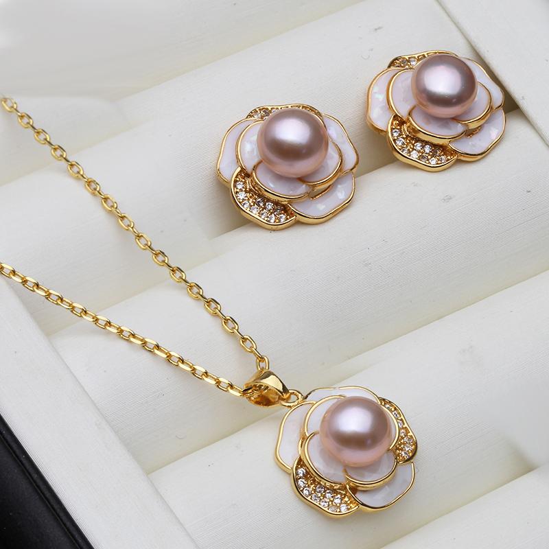 

Wedding White Natural Freshwater Pearl Necklace Earrings Set,Real 925 Silver Pearl Stud Earring Set Wife Mother Anniversary Pink