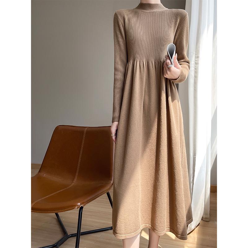 Women's Solid Color Velvet Knit Pullover Mid-Length Dress - Long Sleeve, Half High Neck, Over-the-Knee Style