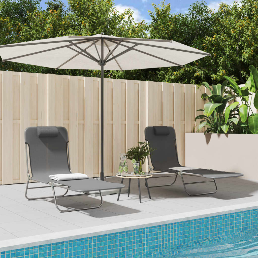 Vidaxl Folding Sun Loungers, 2 Pcs, Grey, Textilene And Steel